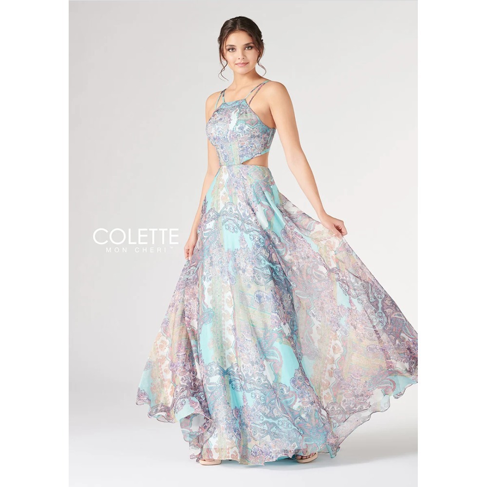 Colette Mon Cheri Gown Blue Multi Paisley Print Chiffon Open Back‎